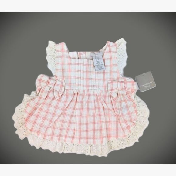Elie Tahari Other - Tahati Baby Dress and Hat Set Girl 3-6 Months Pink Plaid Eyelet Ruffled Cottage